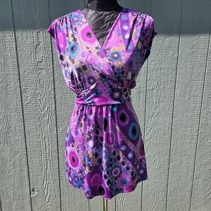 Y2K Womens M Purple Geometric Tie Back Sleeveless Top Artsy Chic Stretch Brand